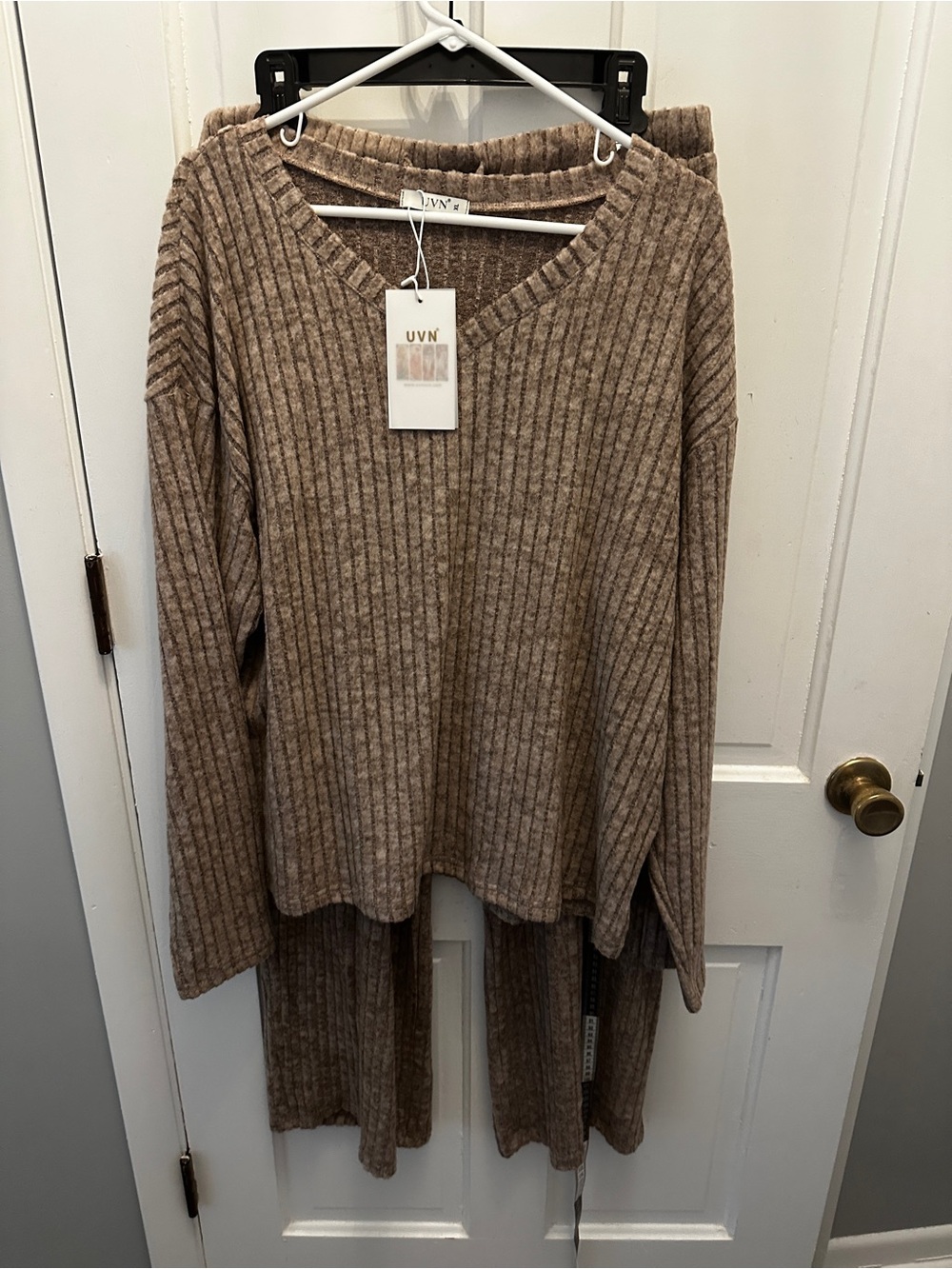 New UVN Ribbed Super Soft V Neck Lounge Set in Taupe